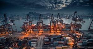 Puertos de Venezuela con contenedores y grúas en una terminal marítima automatizada