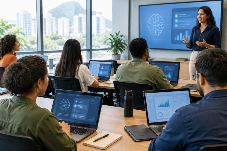 Profesionales participando en formación corporativa apoyada por inteligencia artificial en Brasil